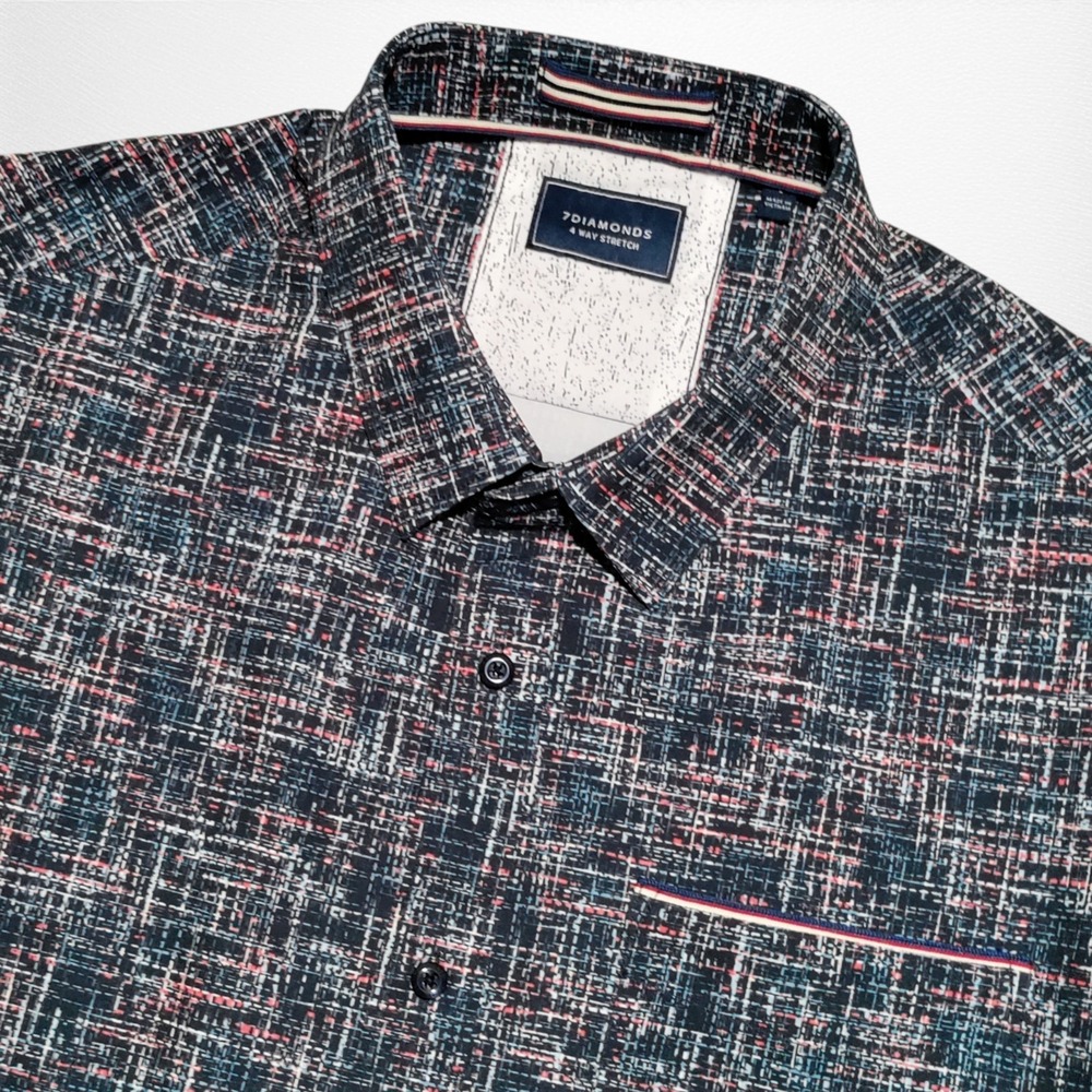 7 Diamonds Gridlock 4 Way Stretch Woven Shirt Mens Large Abstract Geometric Blue